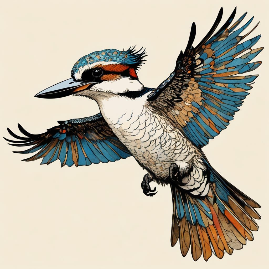 Kookaburra in Flight: Art Nouveau Line Drawing