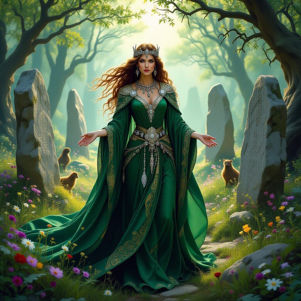 Celtic Queen in Mystical Forest, Fantasy Art Nouveau