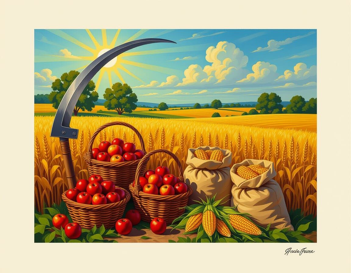 Vibrant Autumn Harvest Oil Painting with Giant Sickle