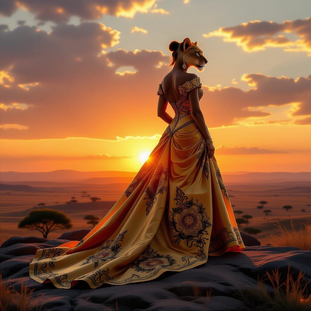 Lioness in Versace Gown Surveys Savanna Kingdom