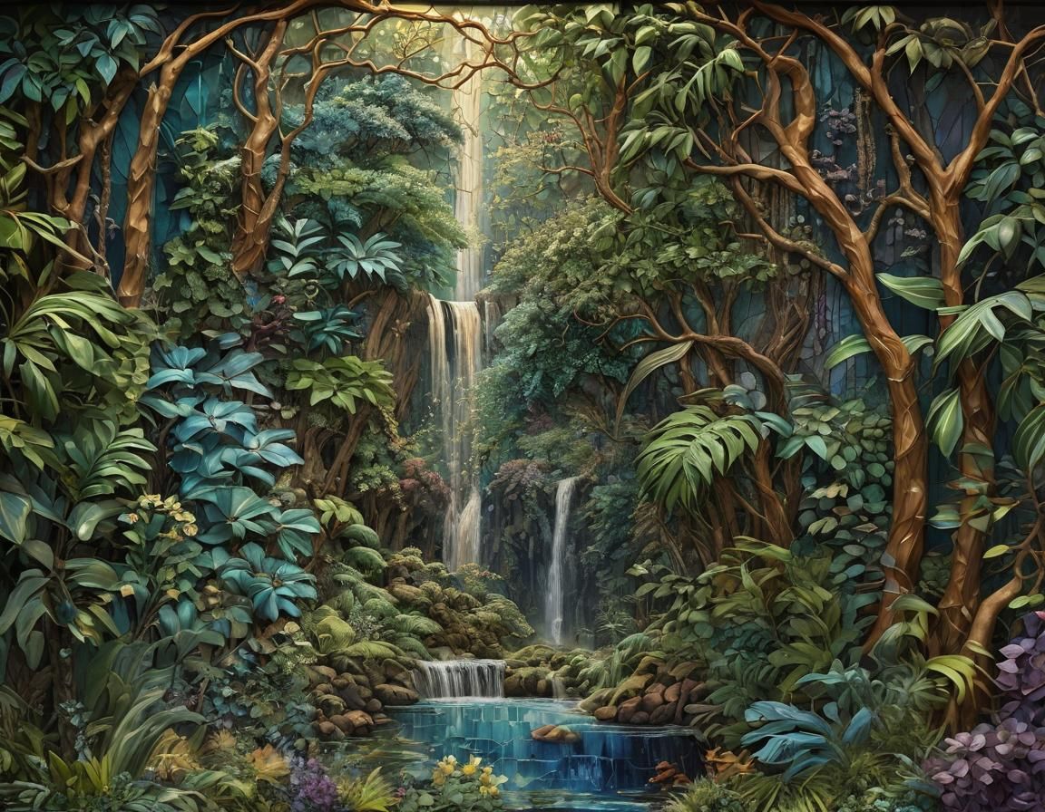 Tropical Jungle Waterfall: Stained Glass Mosaic
