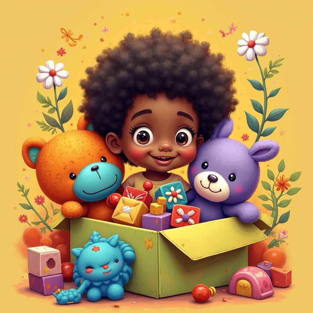 Vibrant Playful Scene of Afro Boy in Whimsical Box