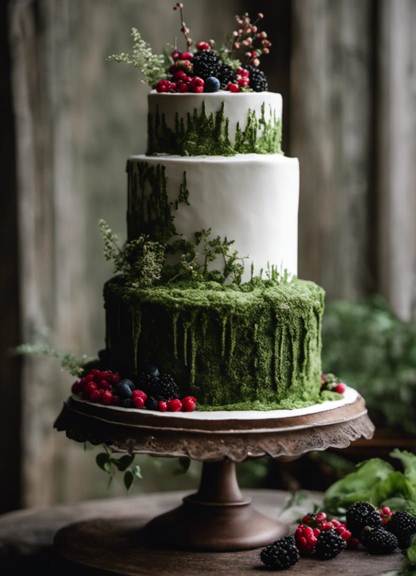 Romantic Goth Wedding Cake with Moss and Berries