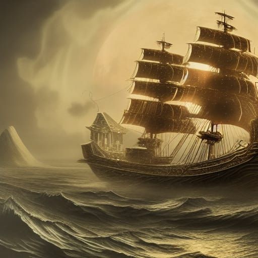 Golden Ship at Sea: Renaissance Digital Painting
