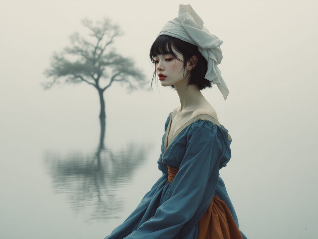 Woman by Lake in Atmospheric Neoclassical Surrealism