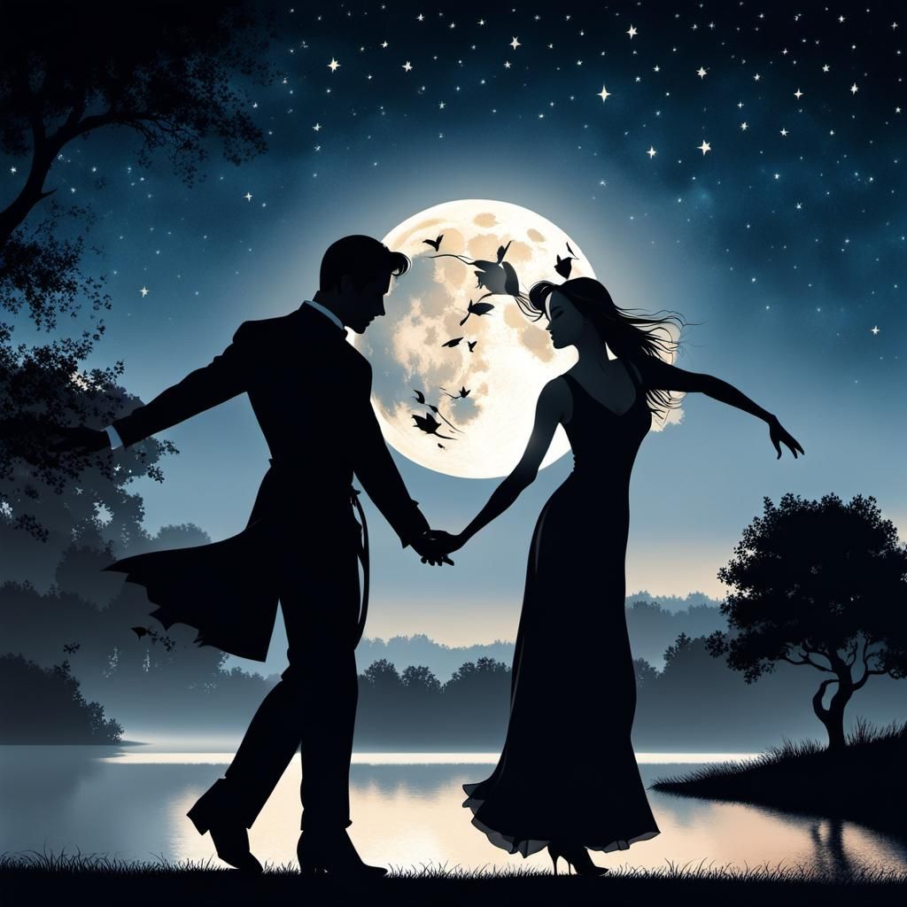 Silhouetted Couple Dancing Under Moonlight