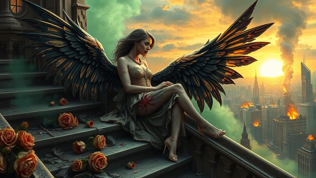 Fallen Angel on Ruined Cathedral in Realism Style