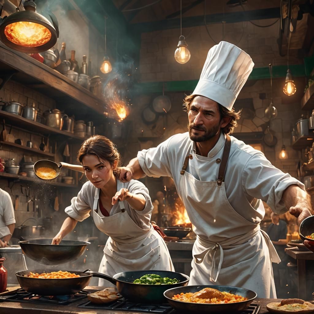 Woman Strikes Man with Frying Pan: Cinematic Concept Art