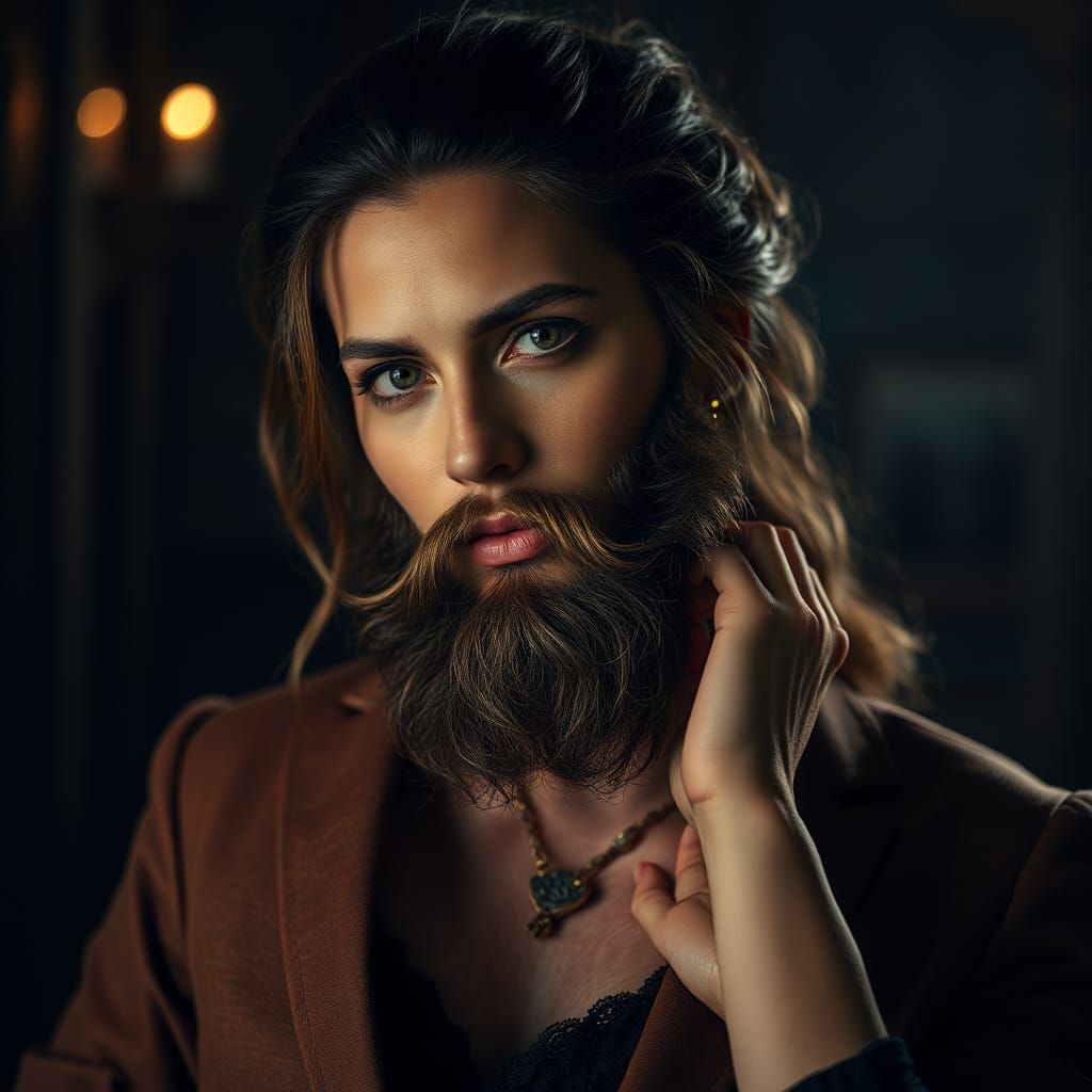 Elegant Bearded Woman in Atmospheric Lighting
