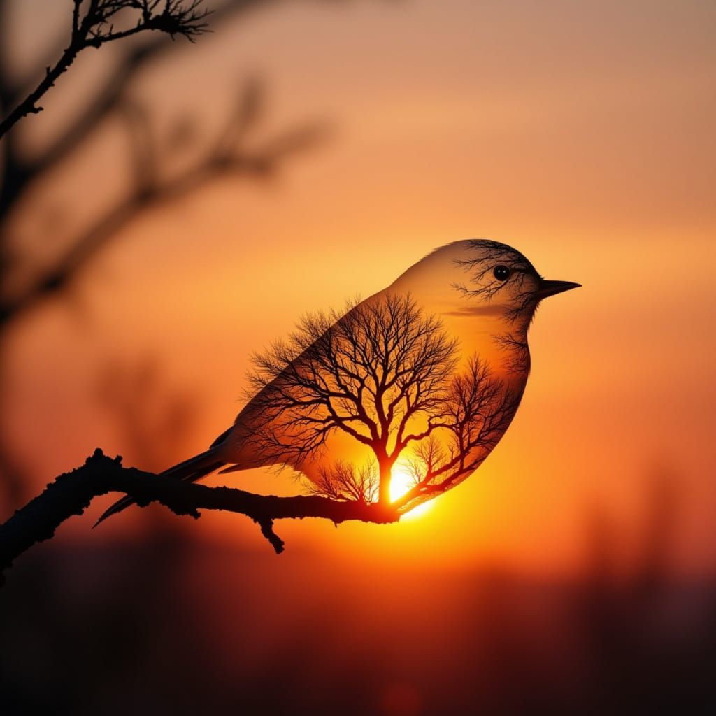 Sunset Silhouette: Bird in Double Exposure