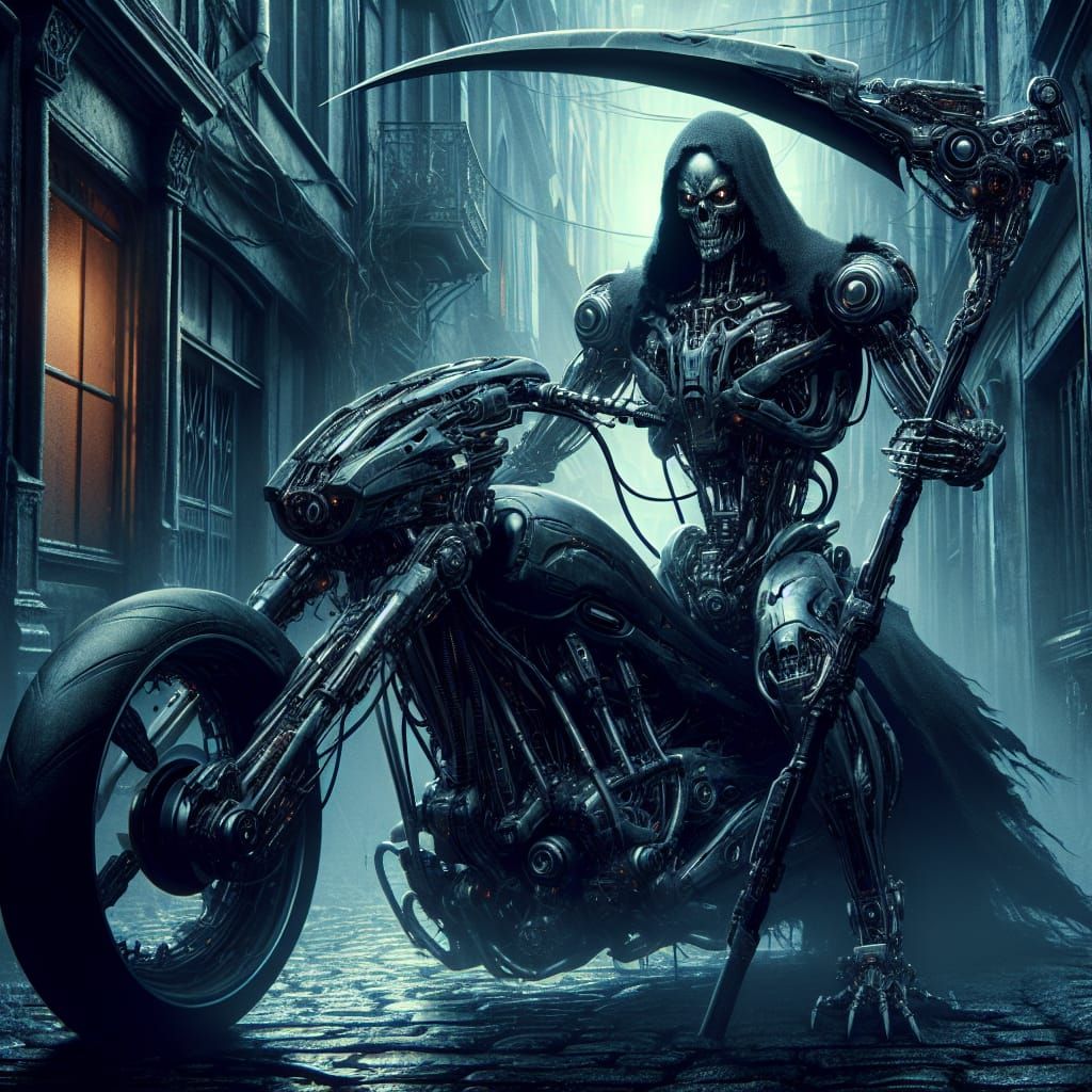 Cybernetic Grim Reaper on Motorcycle in Dystopian City