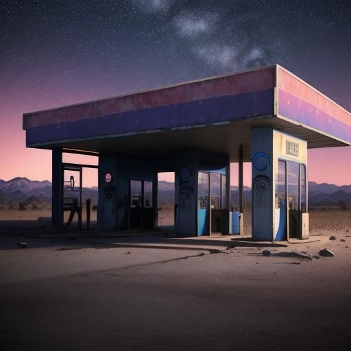 Desert Gas Station at Night with Pink and Blue Lights