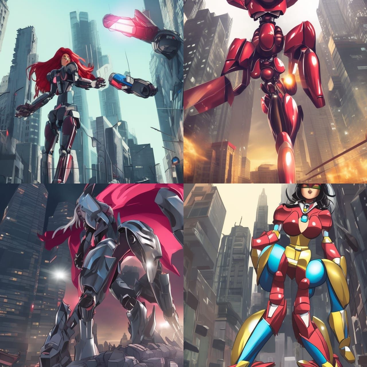 Superhero Battles Robot in Cityscape