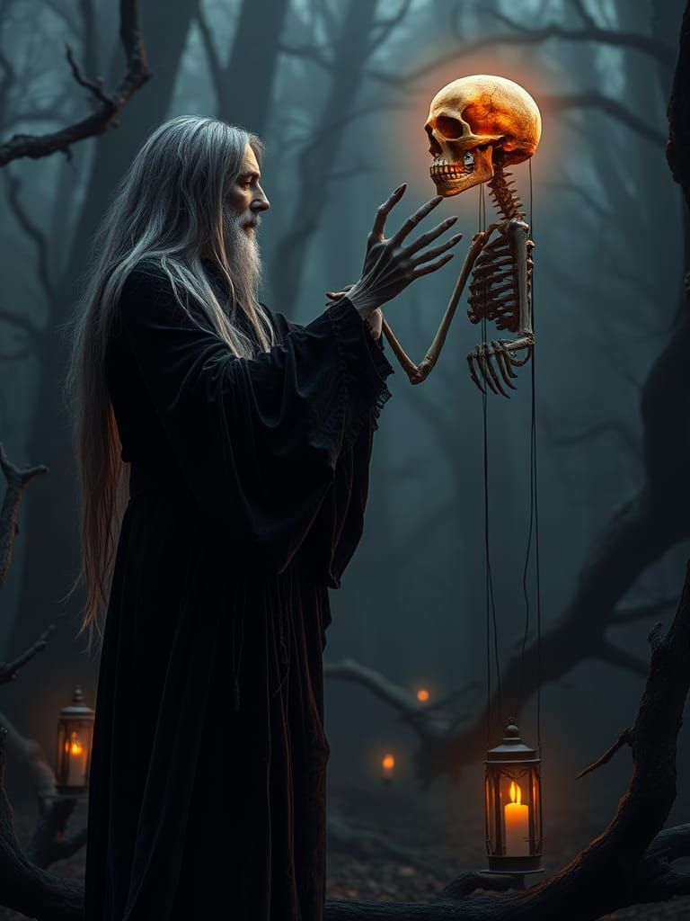 A mysterious figure with long, grey hair controls a creepy s...