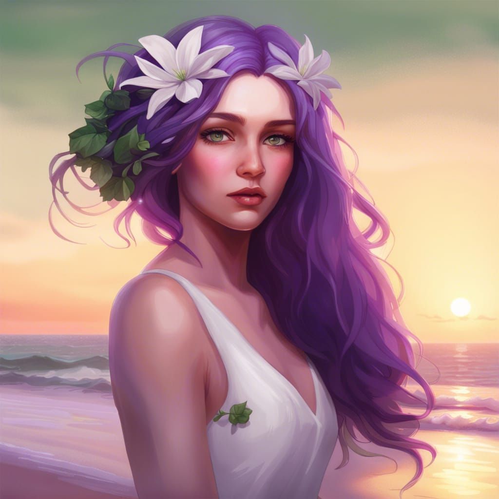 Purple Haired Girl with Flowers at Sunset