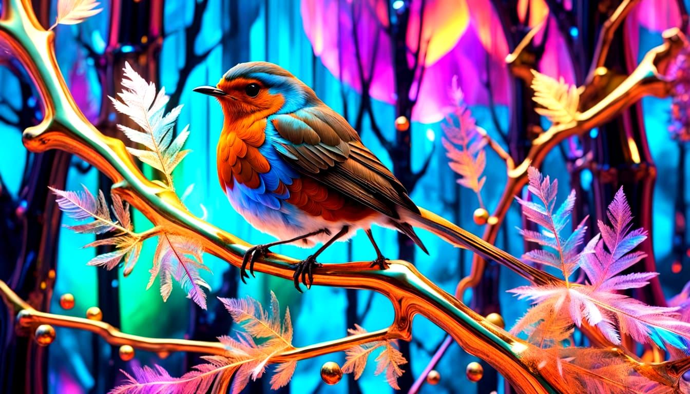 Psychedelic Robin on Crystal Branch in Surreal Forest