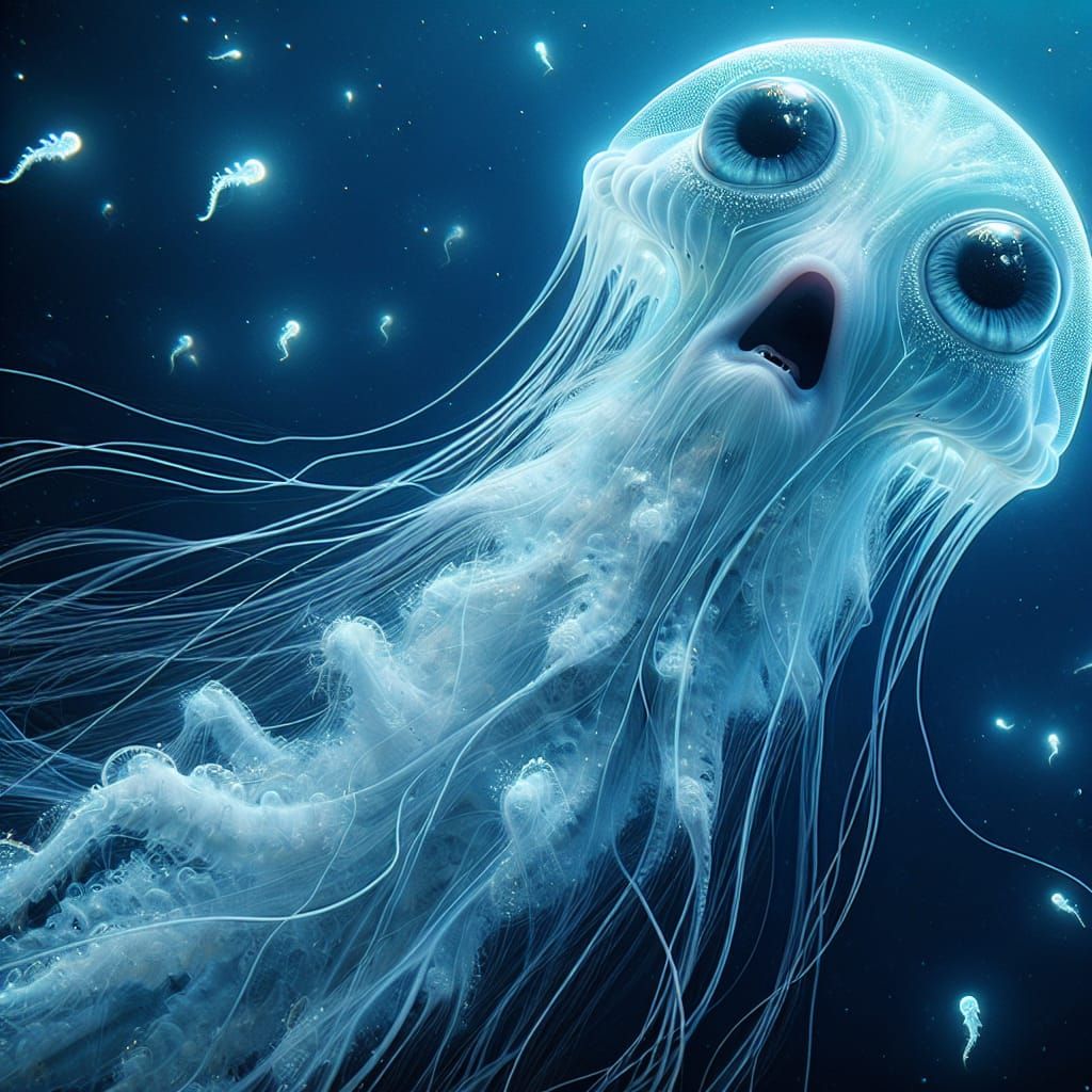 Surprised Jellyfish with Giant Eyes in Deep Sea
