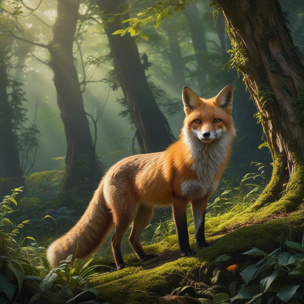 Fox in Enchanted Forest, Impressionist Style