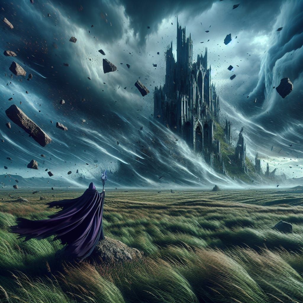 Dark Mage Oversees Destruction in Fantasy Landscape