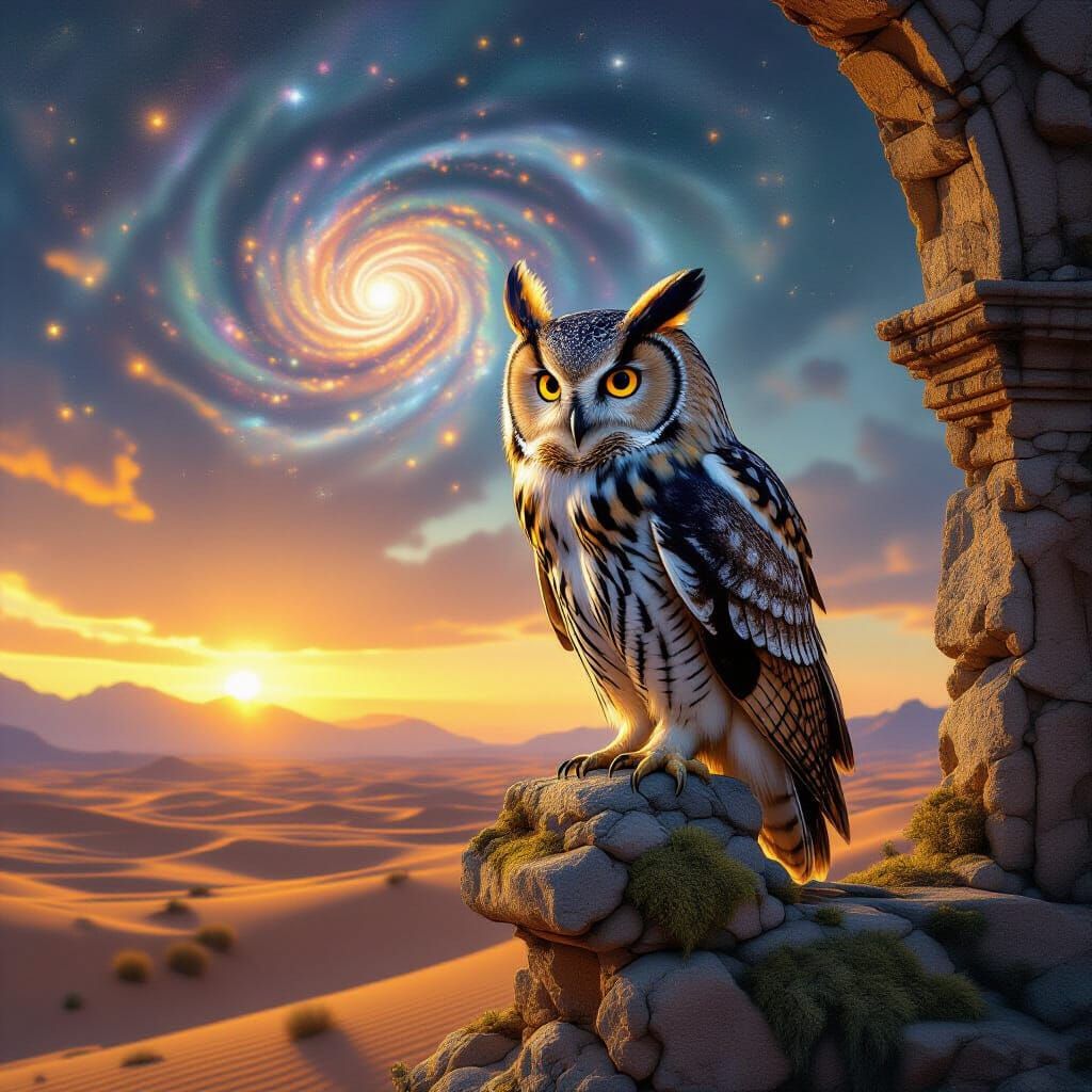 Ancient Galactic Owl on Desert Archway