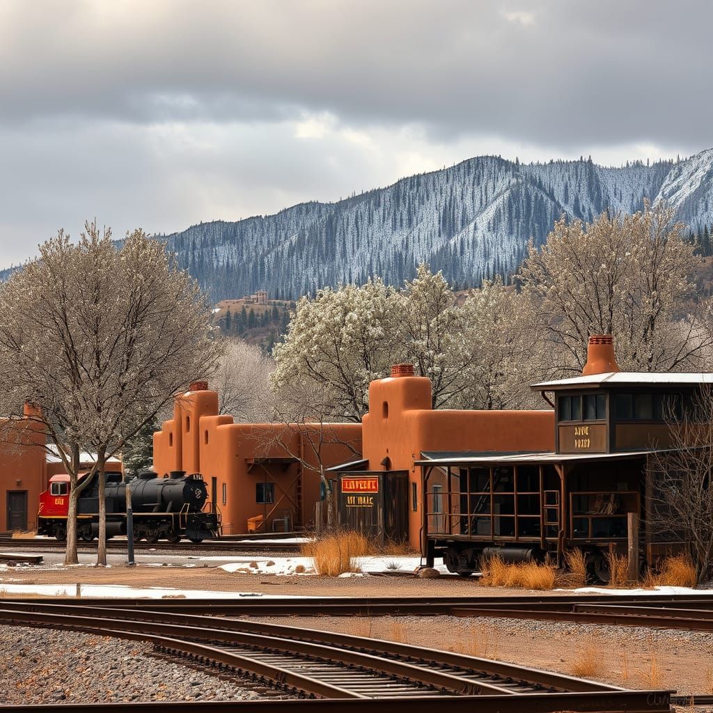 Santa Fe Rail Yard in Autumn with Snow-Capped Aspens