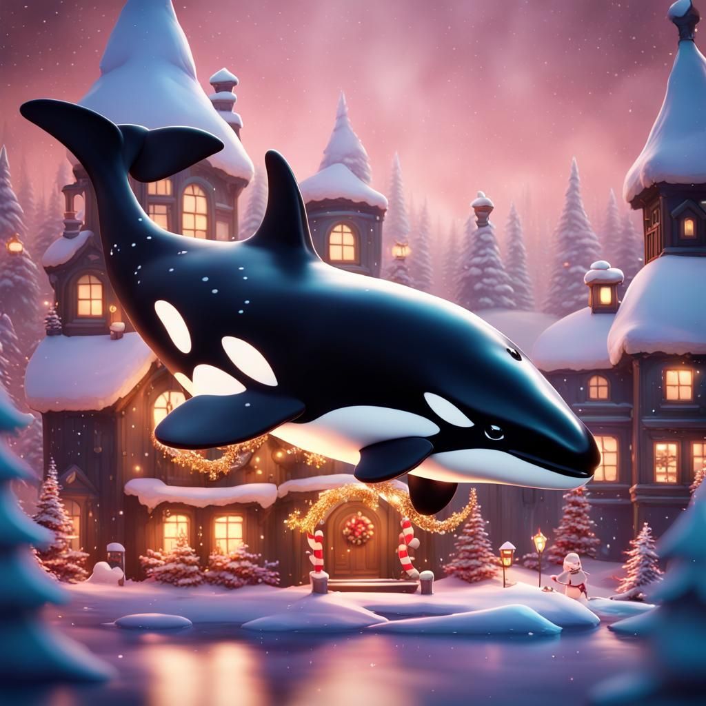 Kawaii Orca Christmas: Detailed Matte Painting
