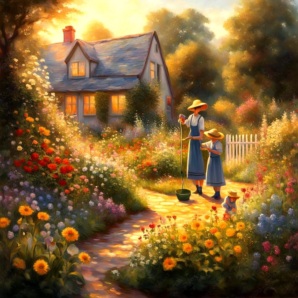 Mother and Daughter in a Whimsical Garden Scene