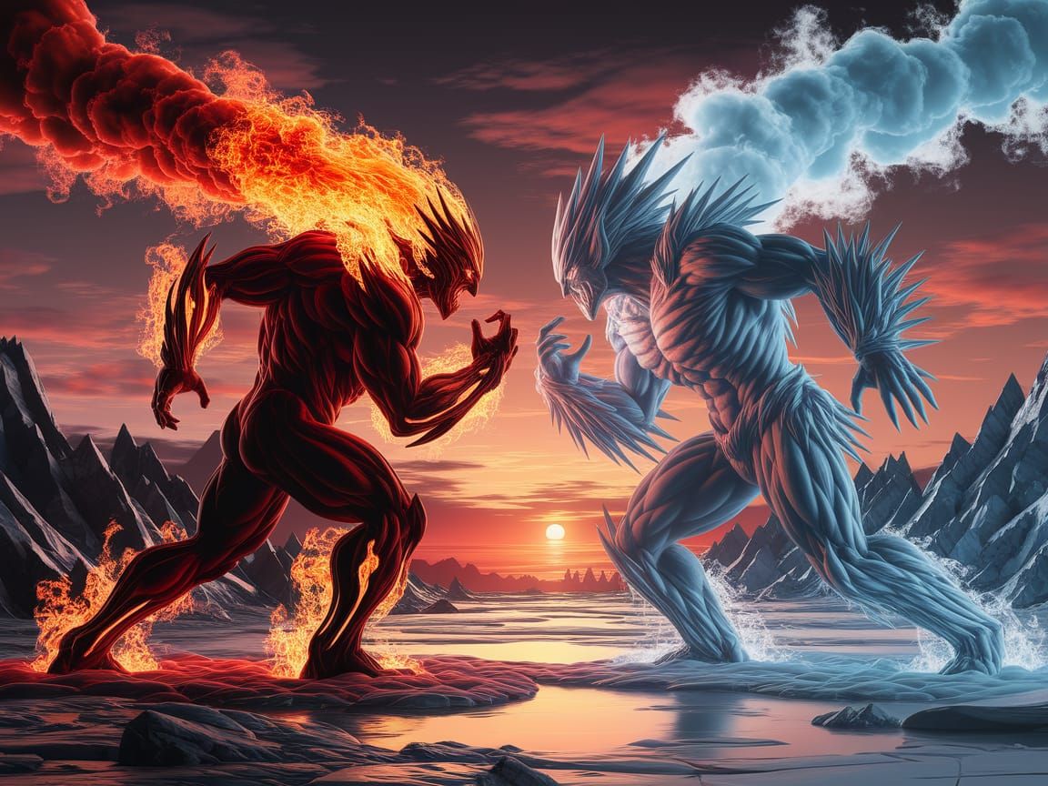 Fire and Ice Elemental Battle in Digital Art