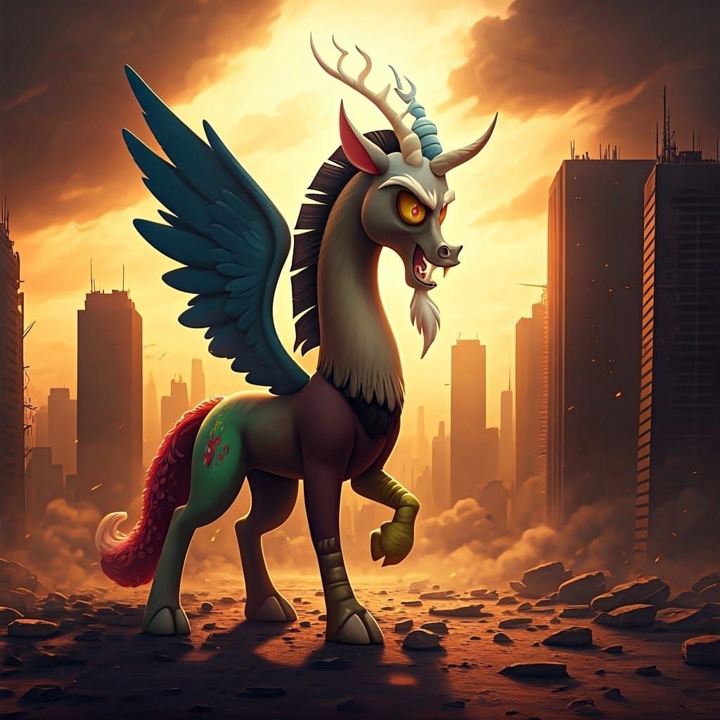 Discord Figurine Rampages Through Metropolis at Sunset