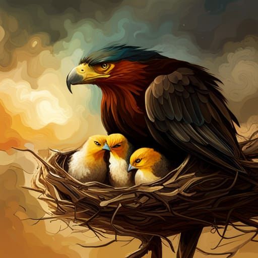 Eagle Mother and Babies in Hyperdetailed Digital Art