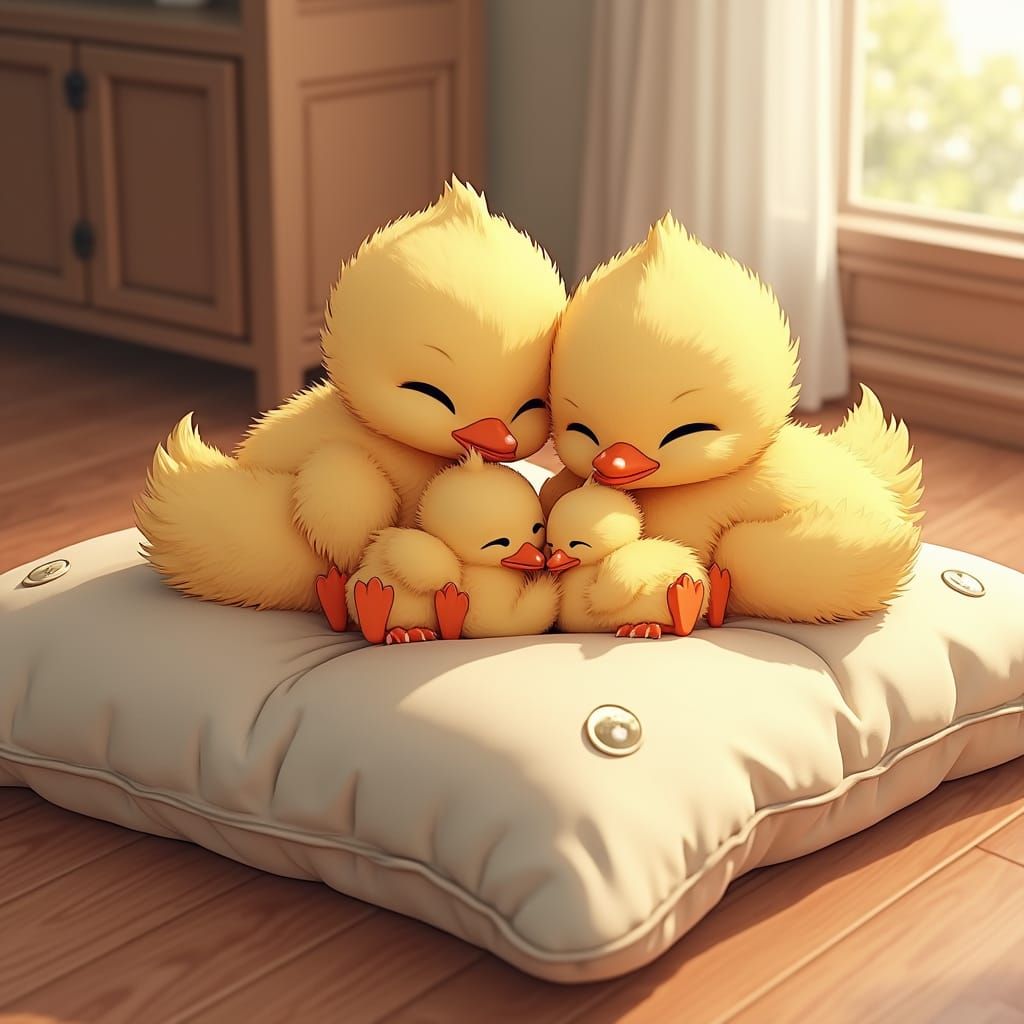 Ducklings and Chicks on Plush Cushion, Anime Style