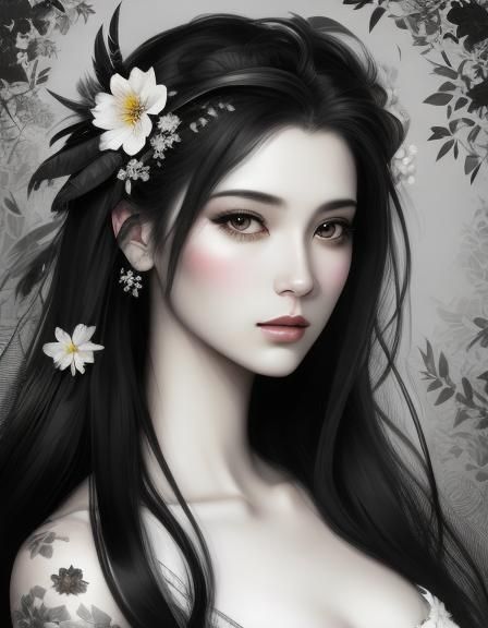 Elegant Noir Drawing of Woman with Flowers