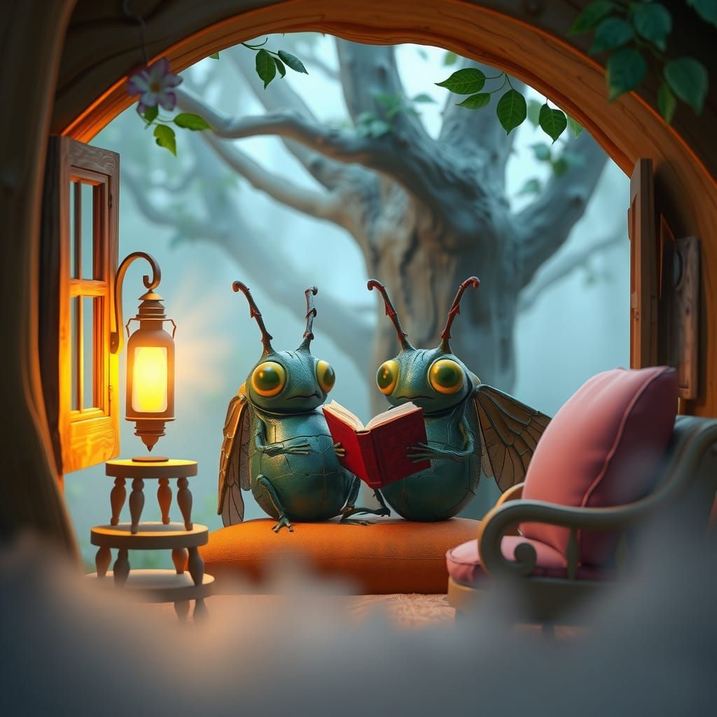 Cicada in Cozy Treehouse Lounge, Pixar-Inspired 3D Art