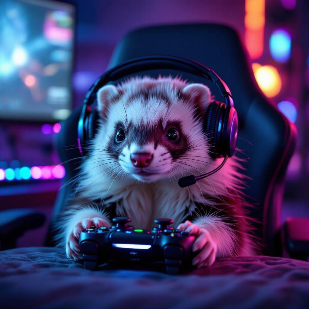 Hyper-Realistic Ferret Gamer in RGB Lit Room