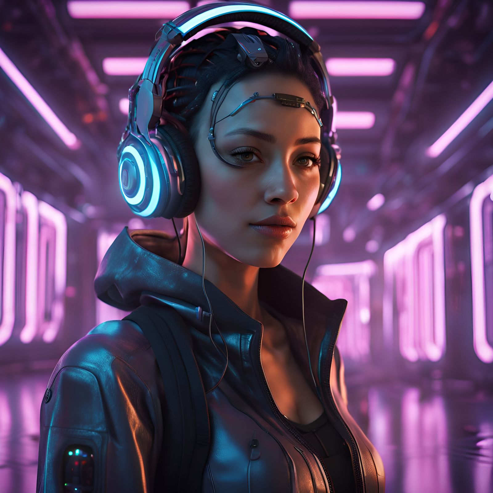 a woman with glowing eyes and headphones in a futuristic roo...
