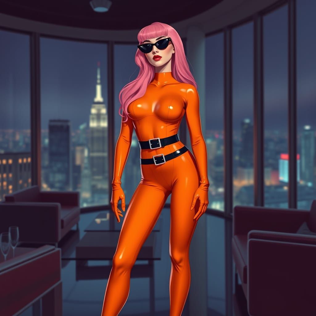 Woman in Catsuit with City View, Art Nouveau Style