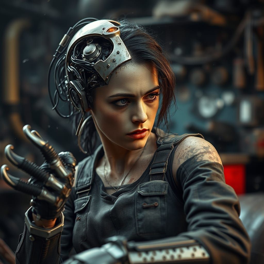 Cyborg Mechanic in Futuristic Post-Apocalyptic Workshop