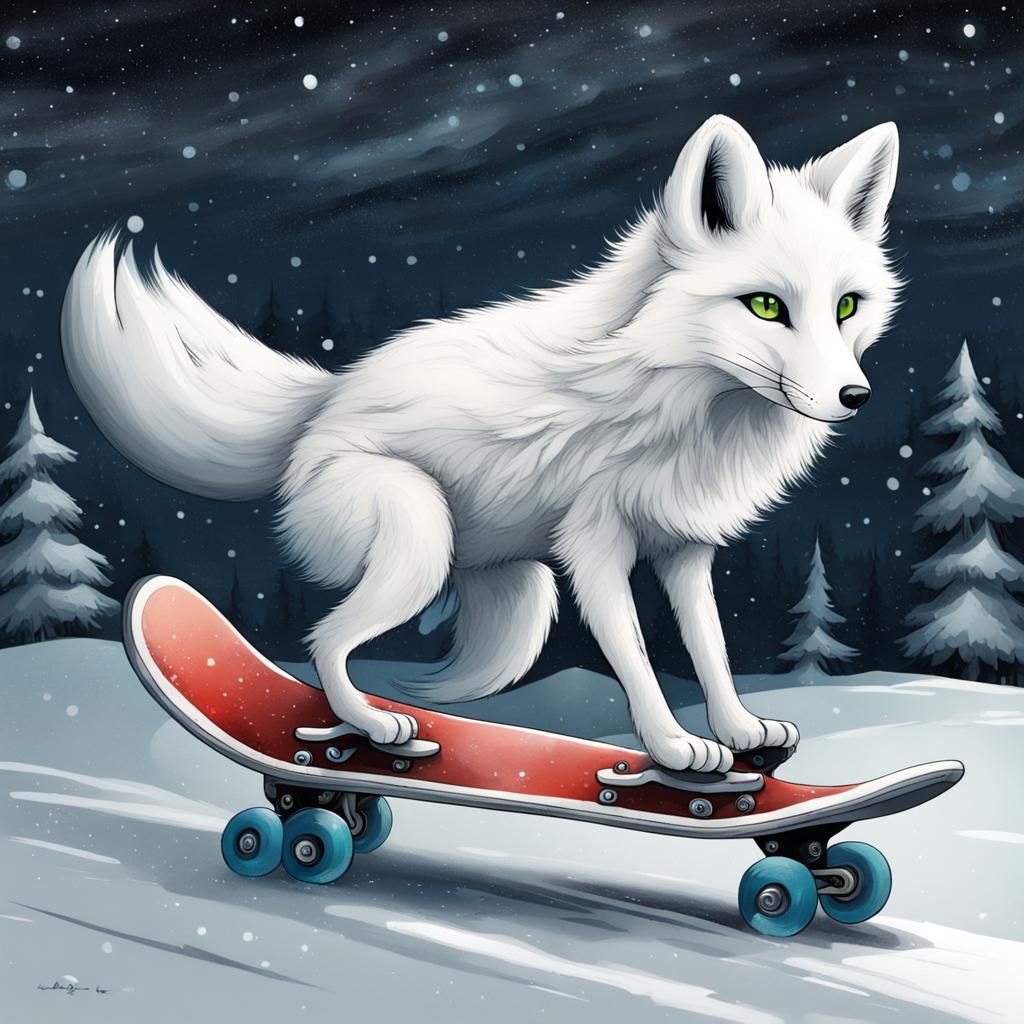 Arctic Fox Skating and Graffiti Art at Midnight