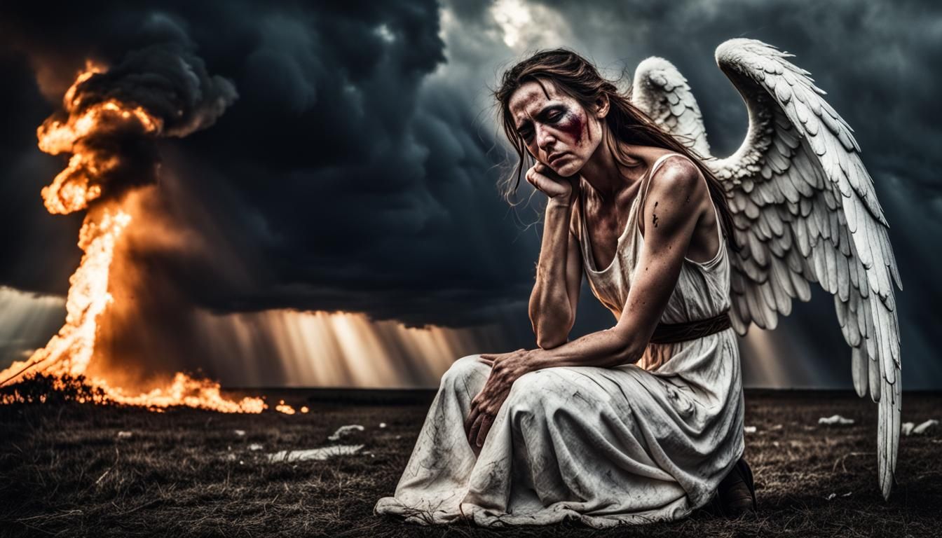 Fallen Angel Crying on Burning Battlefield