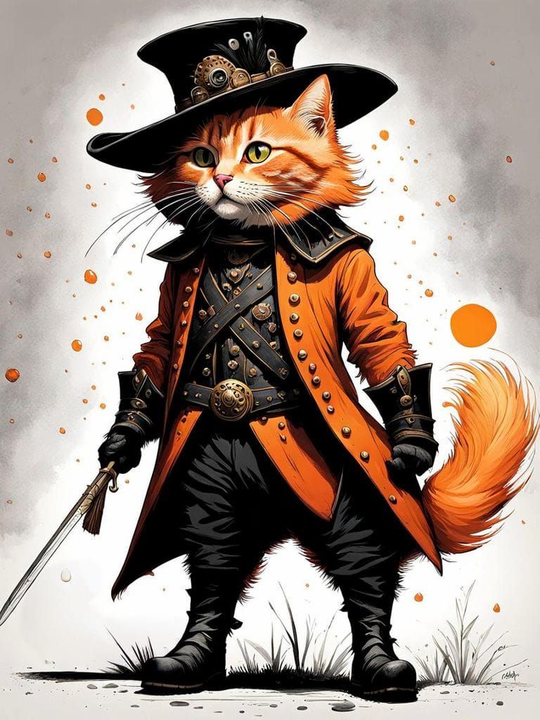 Ginger Cat as Zorro in Ink with Boots and Hat