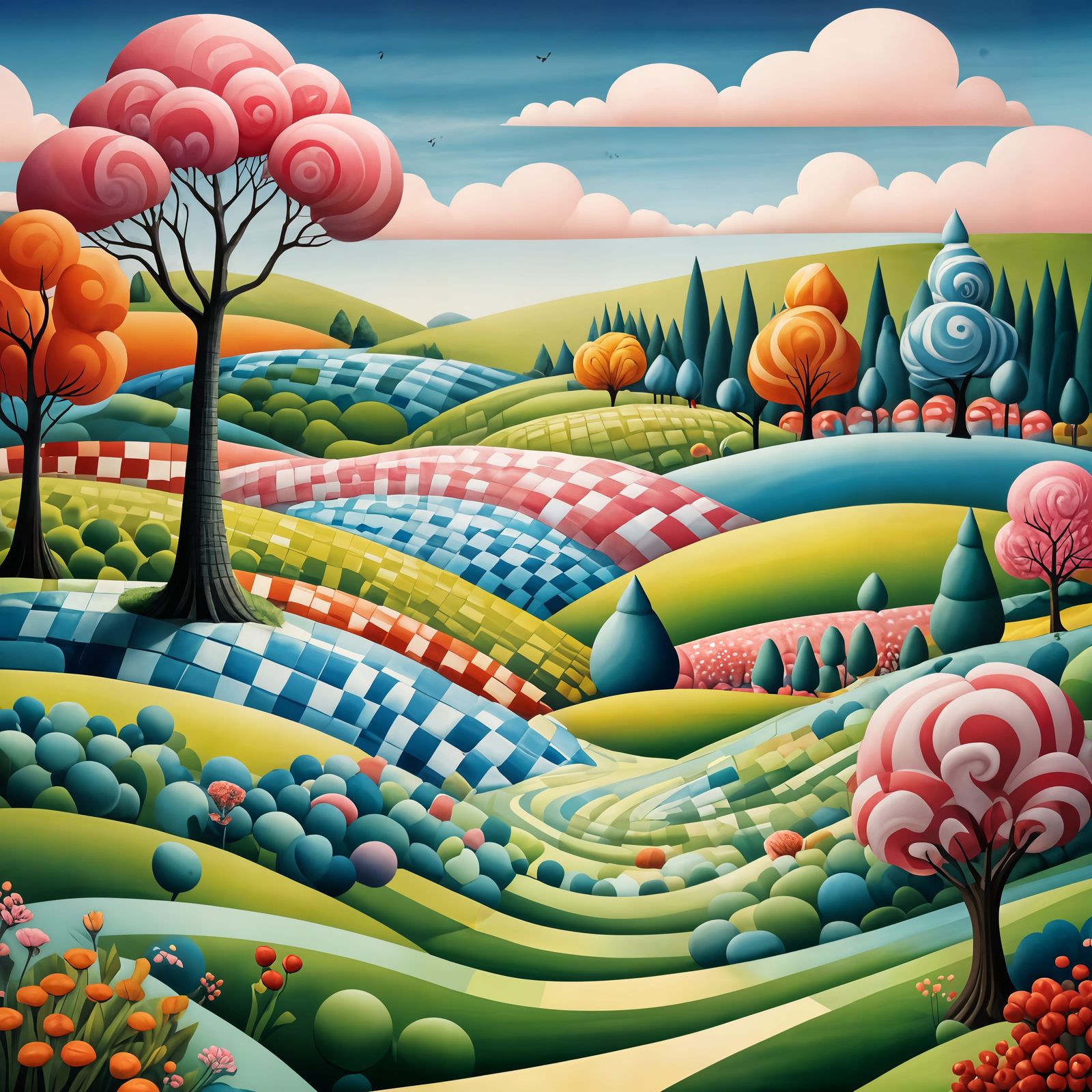 Surreal Gingham Landscape with Whimsical Chess Piece Trees