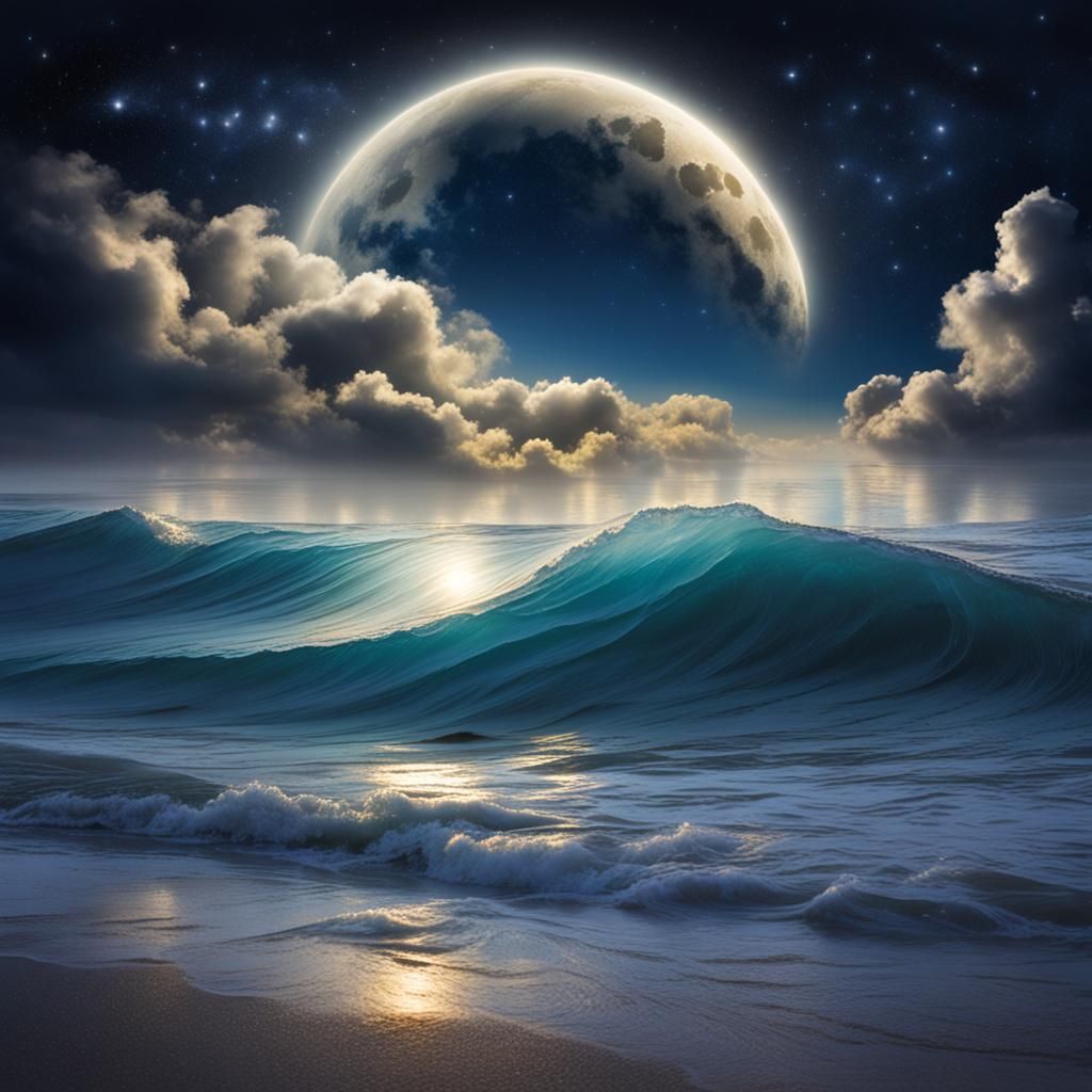Moonlit Wave with Starry Night Sky