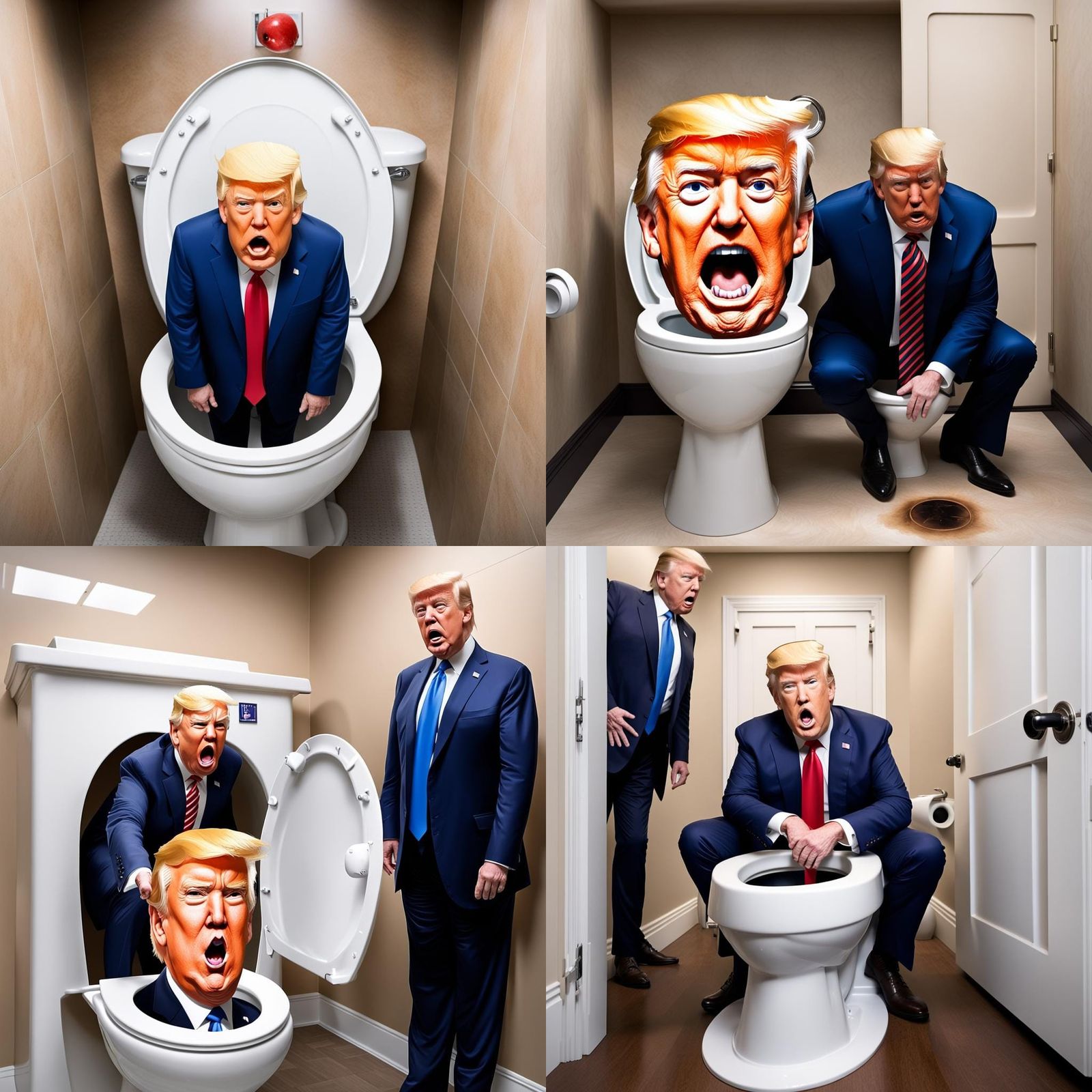 Donald Trump Head Coming out of a skibbidi toilet infront of a terrified Joe Biden who got scared by the trump skibbidi...