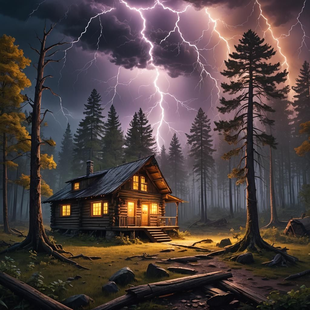 Lightning Storm Illuminates Forest Cabin in Fantasy Art
