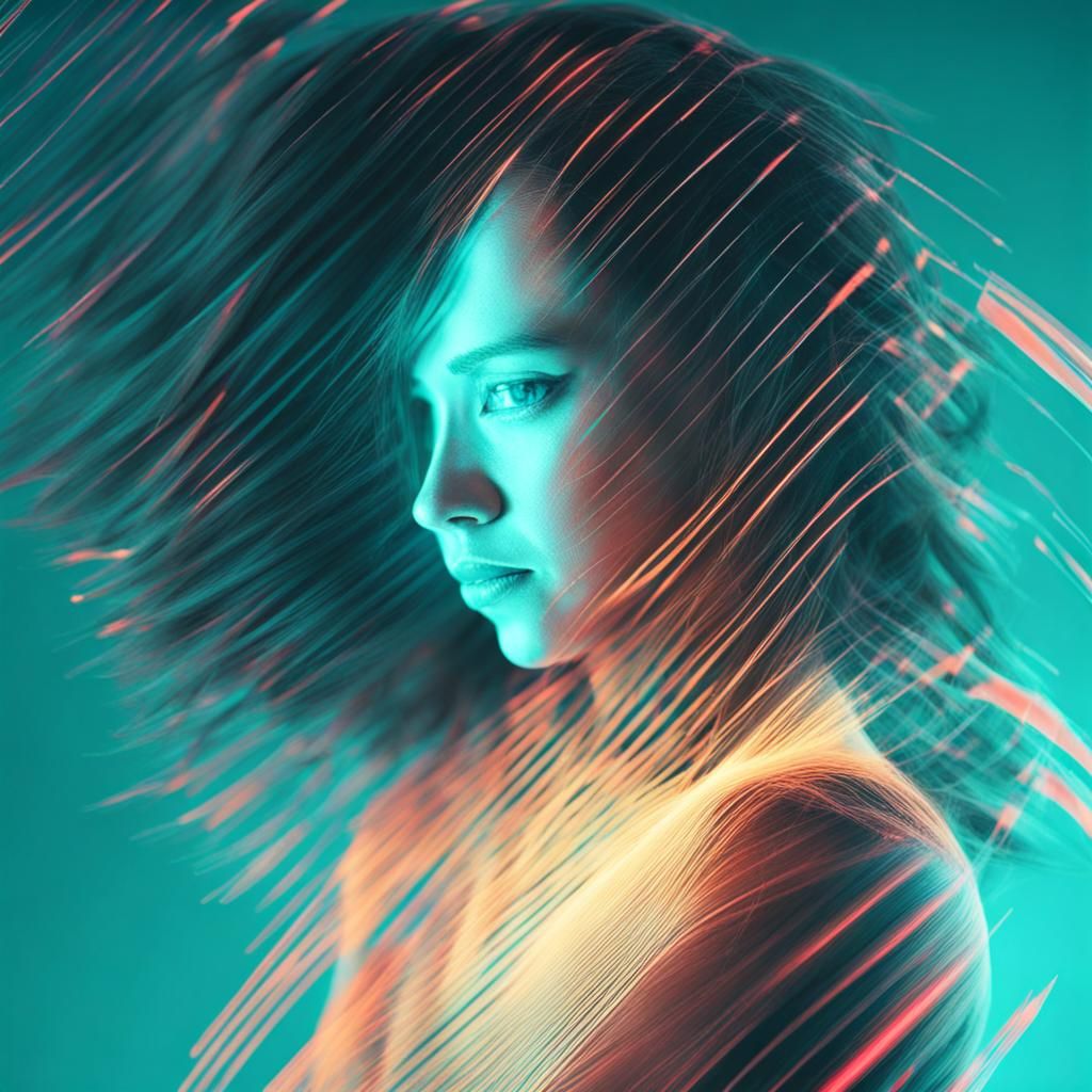 Glitching Woman Portrait with Cyan Shockwaves