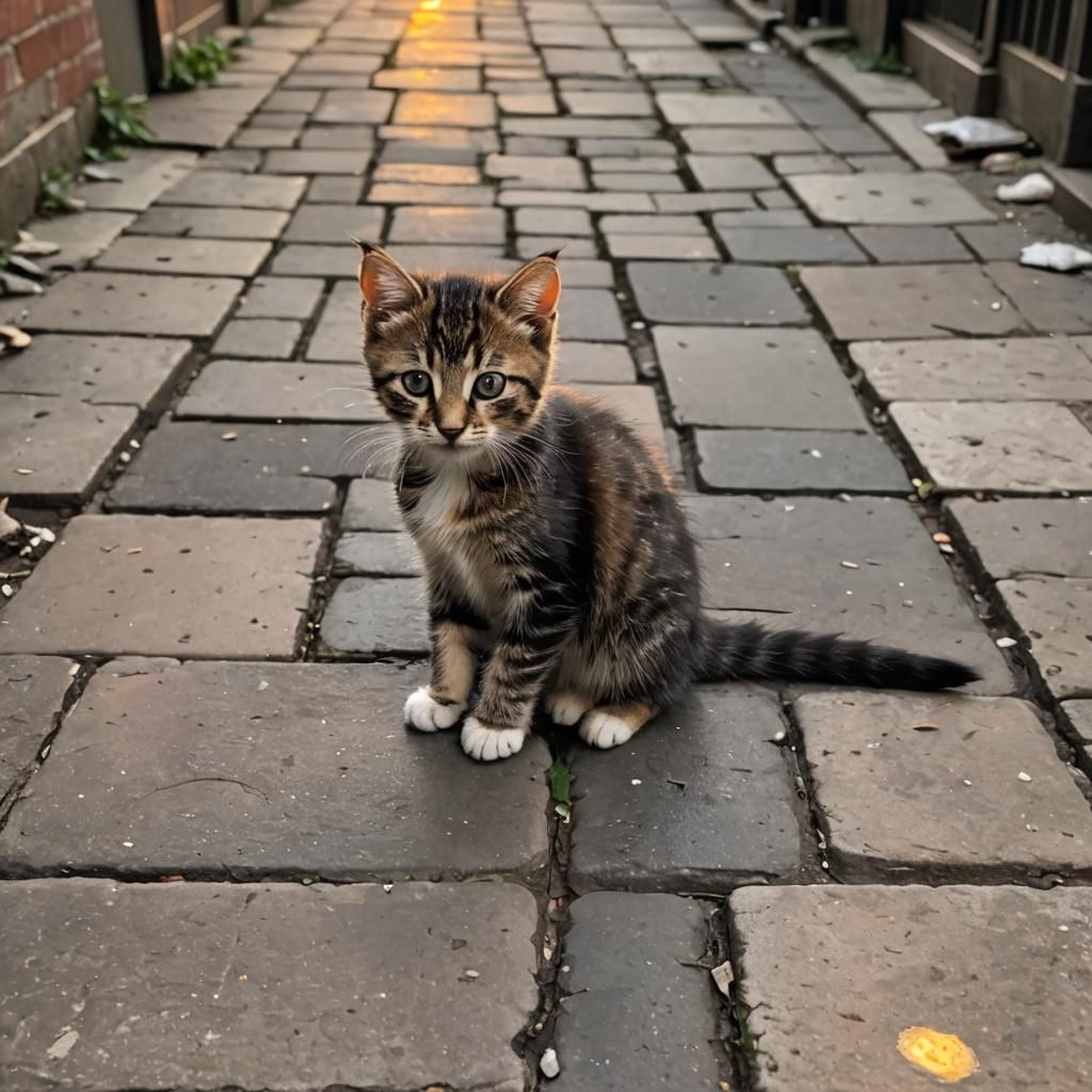 Stray Kitten at Sunset in Alleyway