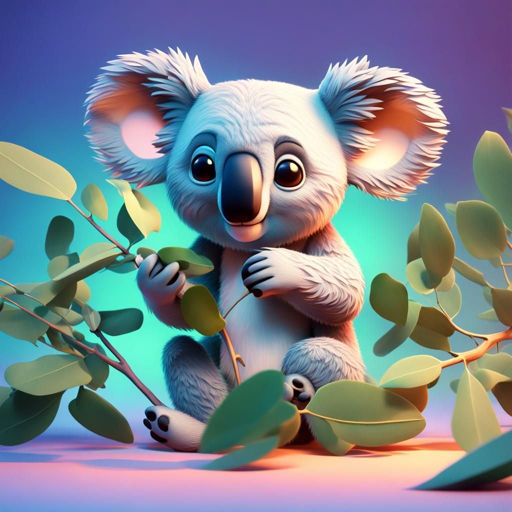 Whimsical Koala Bear Eating Leaves in Pixar Style