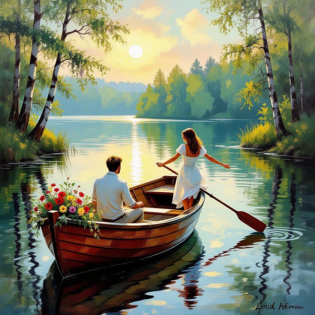 Impasto Oil Painting of Romantic Forest Lake Scene