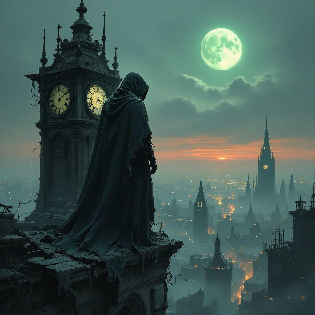 A lone, spectral figure stands atop a crumbling cliff overlo...