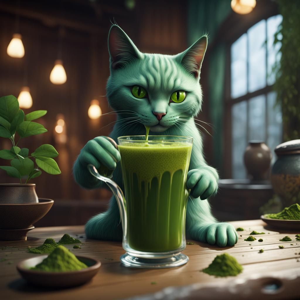 Cat Sipping Matcha: Detailed Fantasy Art